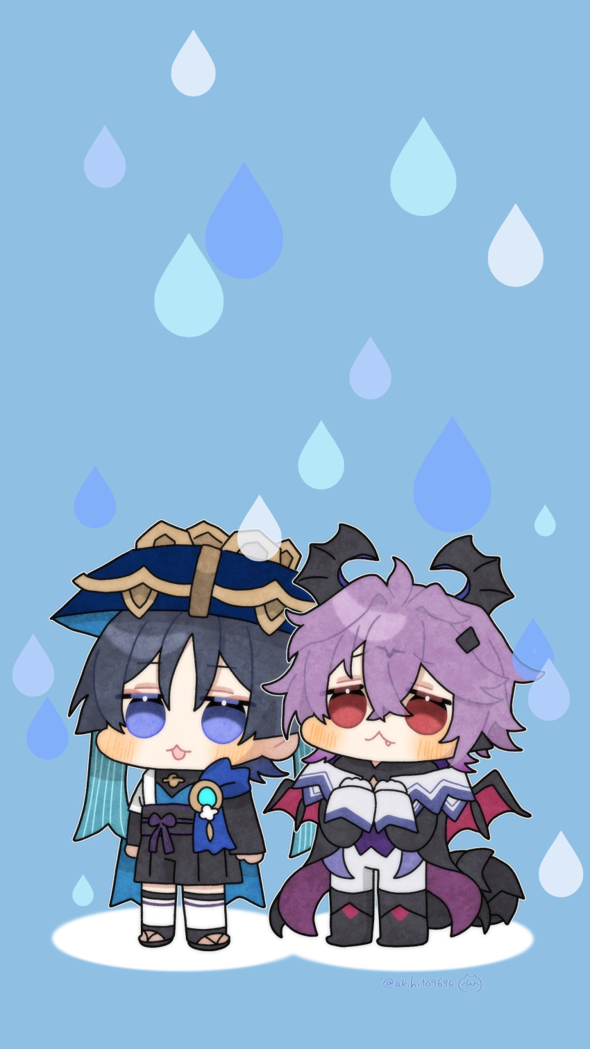 2boys, absurdres, armor, black_bodysuit, black_hair, black_shorts, blue_background, blue_cape