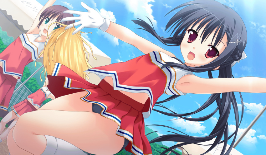 black_hair, cheerleader, game_cg, gloves, kitamikado_ritsuko, panties, princess_evangile, red_eyes