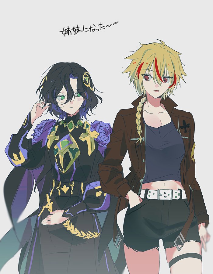 2girls, ahoge, armor, black_hair, blonde_hair, braid, braided_ponytail, cape