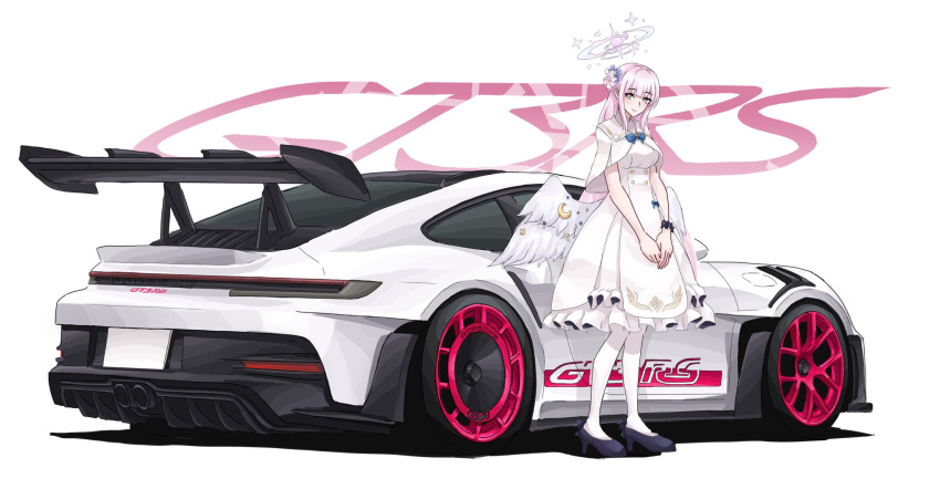 1girl, black_shoes, blue_archive, breasts, buttons, capelet, car, closed_mouth