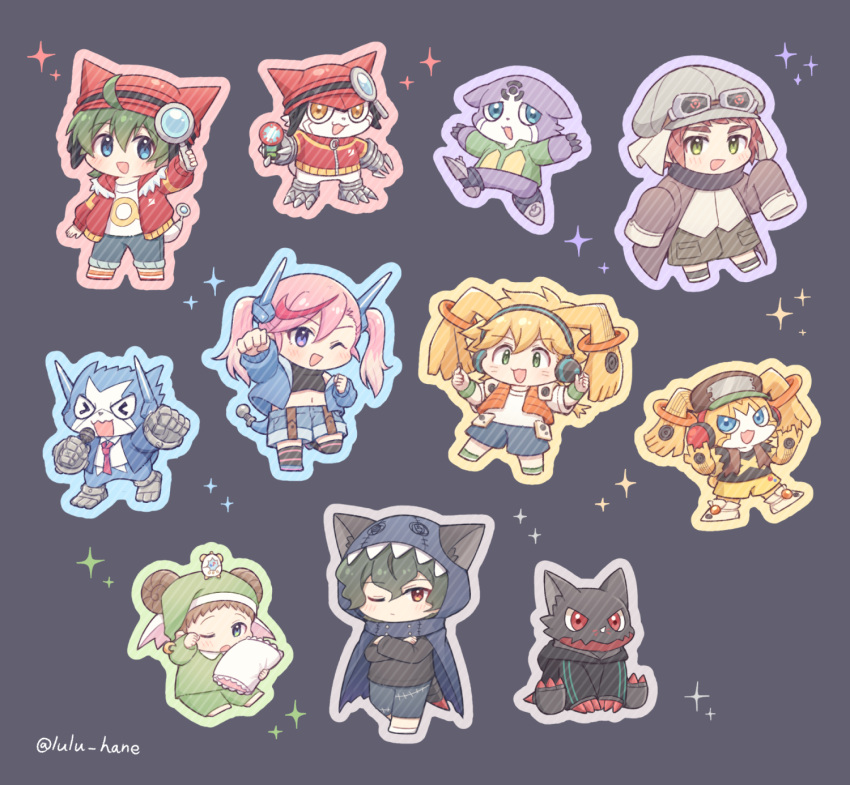 1girl, 5boys, alarm_clock, animal_ears, appli_drive, appmon, asuka_torajirou, asuka_torajirou_(cosplay)