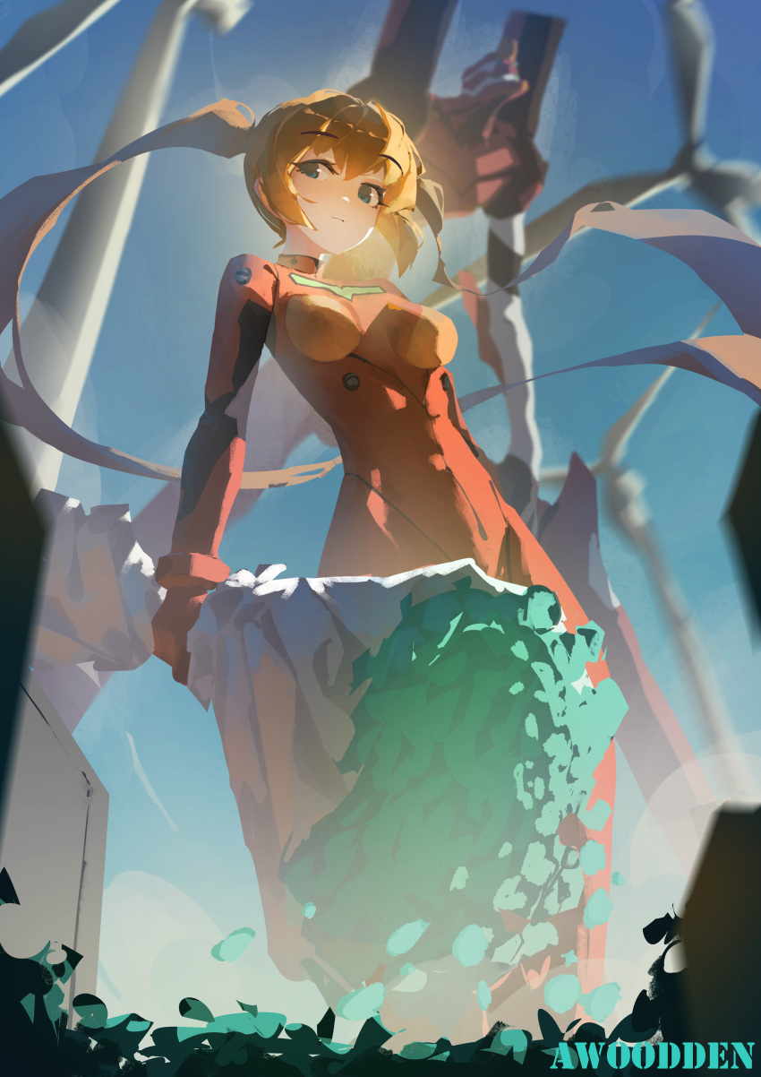 1girl, absurdres, artist_name, awoodden, blue_eyes, blue_sky, bouquet, breasts