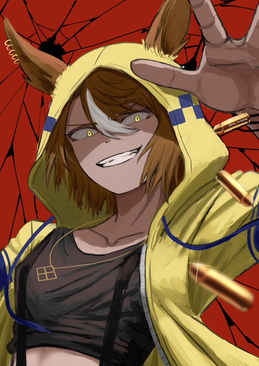 1girl, animal_ears, black_shirt, blaze_octopus, breasts, brown_hair, bullet, collarbone, dicta_striker_(racing)_(umamusume), ears_through_headwear, ears_through_hood, grin, hair_between_eyes, highres, hood, hooded_jacket, hoodie, horse_ears, horse_girl, jacket, long_sleeves, looking_at_viewer, multicolored_hair, open_mouth, shirt, short_hair, small_breasts, smile, solo, streaked_hair, suspenders, teeth, umamusume, umamusume:_cinderella_gray, upper_body, white_hair, yellow_eyes, yellow_hood, yellow_hoodie, yellow_jacket