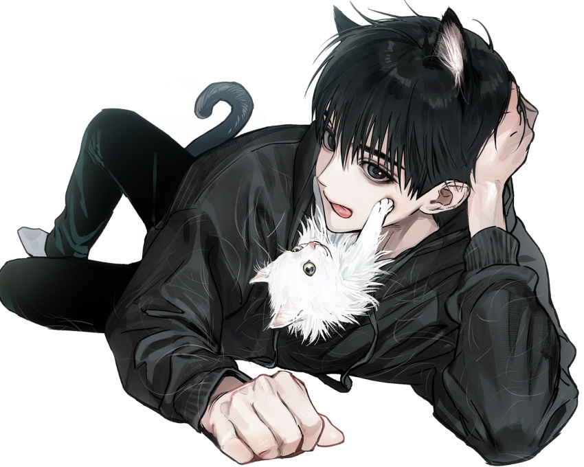 1boy, animal, animal_ears, black_eyes, black_hair, black_hoodie, black_pants, cat