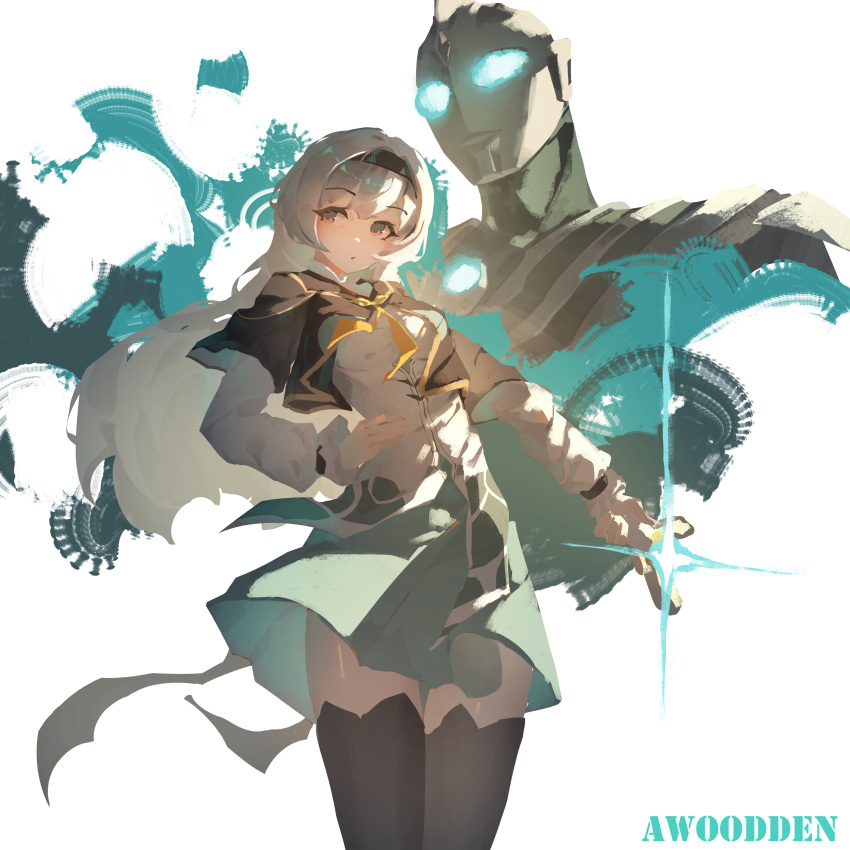 1girl, absurdres, artist_name, awoodden, black_thighhighs, brown_eyes, capelet, commentary
