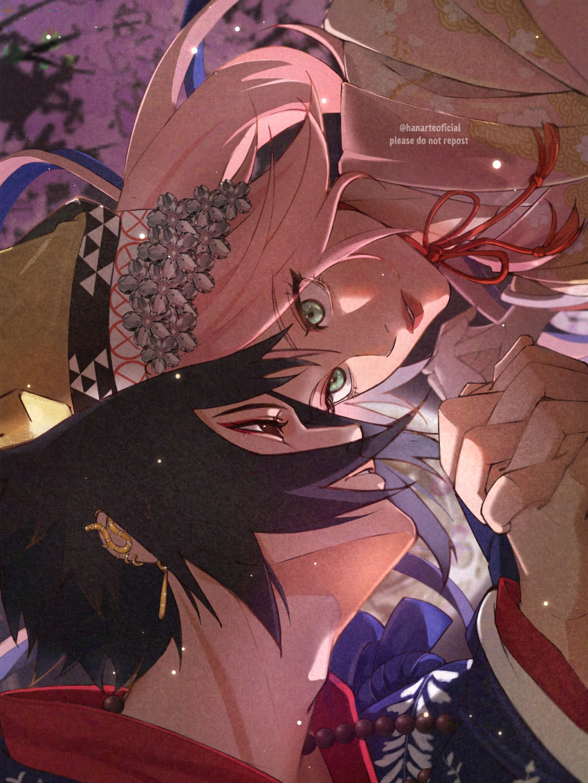 1boy, 1girl, absurdres, black_hair, cherry_blossoms, close-up, couple, earrings