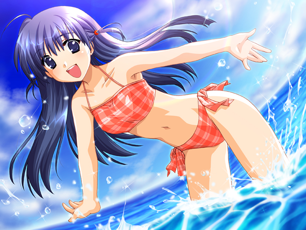akabei_soft, alpha_(artist), beach, bikini, blue_eyes, blue_hair, checkered, checkered_bikini