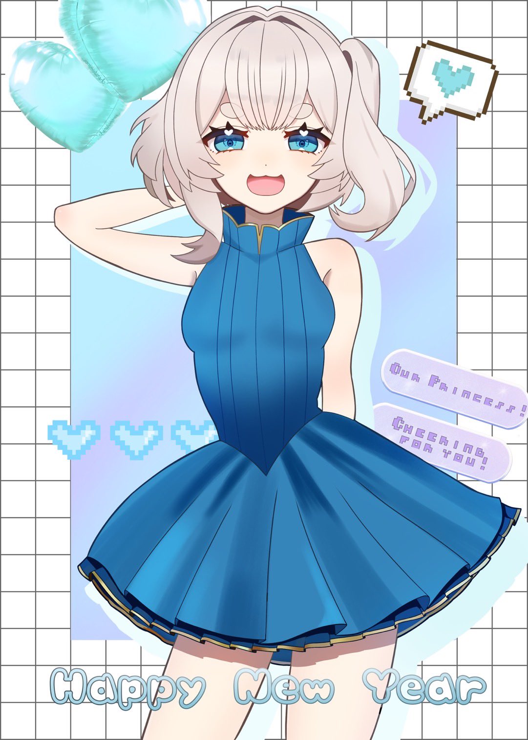 1girl, :3, blonde_hair, blue_dress, blue_eyes, dress, hair_intakes, heart