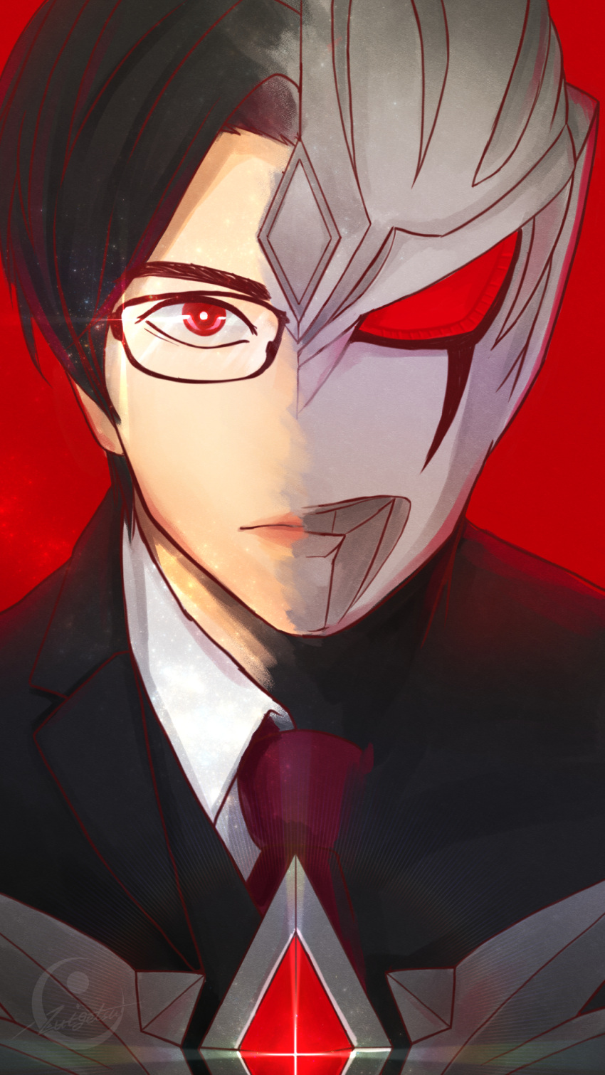 2boys, alien, black-framed_eyewear, black_hair, black_jacket, black_skin, bright_pupils, closed_mouth