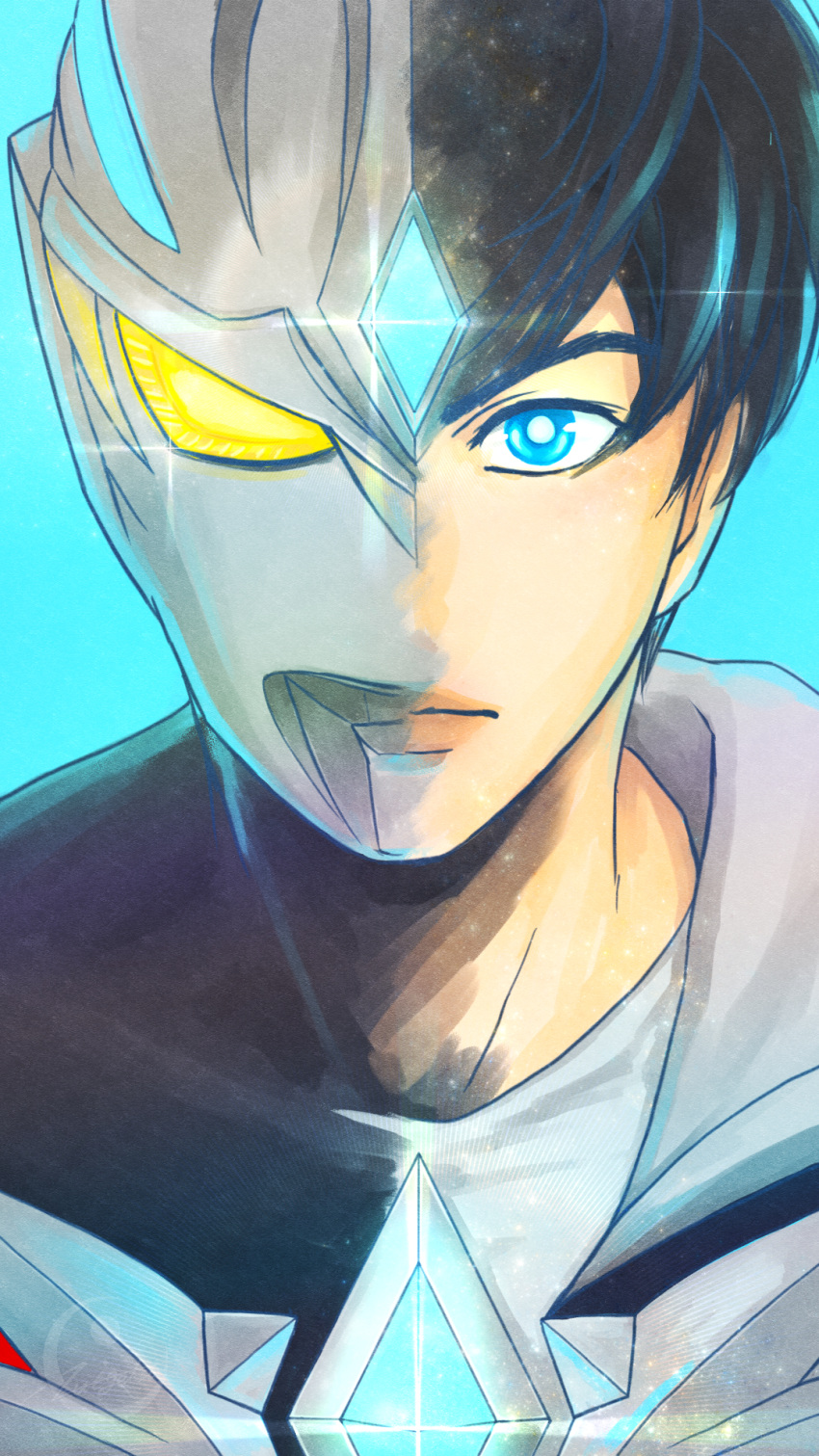 2boys, alien, black_hair, black_jacket, black_skin, blue_background, blue_eyes, blue_theme