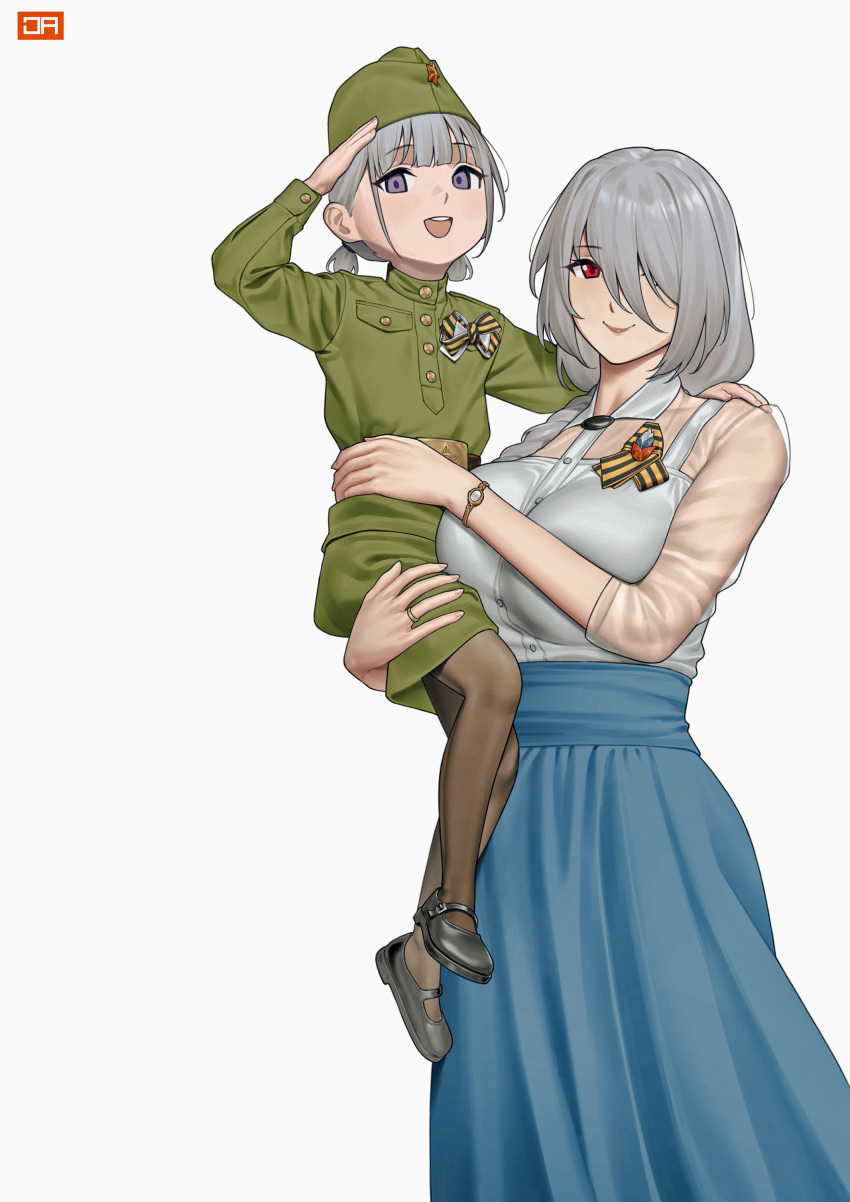 2girls, absurdres, blue_skirt, breasts, closed_mouth, collared_shirt, girls_frontline, hair_over_one_eye