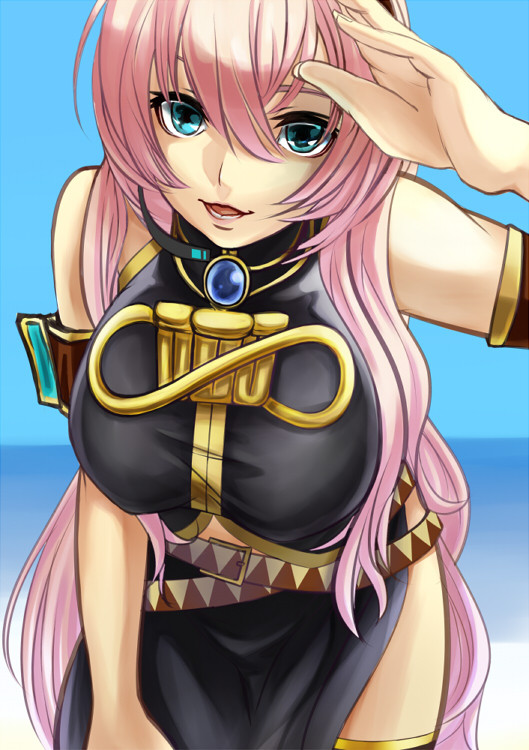 aqua_eyes, breasts, ekoda_(piapro), leaning_forward, long_hair, megurine_luka, pink_hair, smile