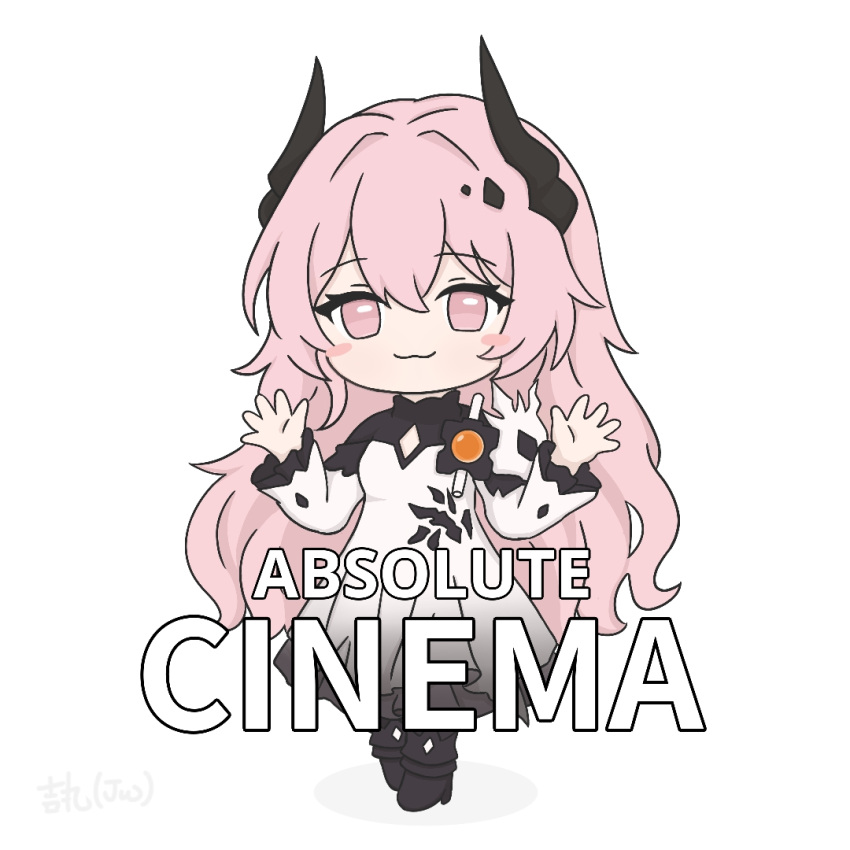 1girl, absolute_cinema_(meme), arknights, black_dress, black_horns, blush_stickers, chibi, chibi_only