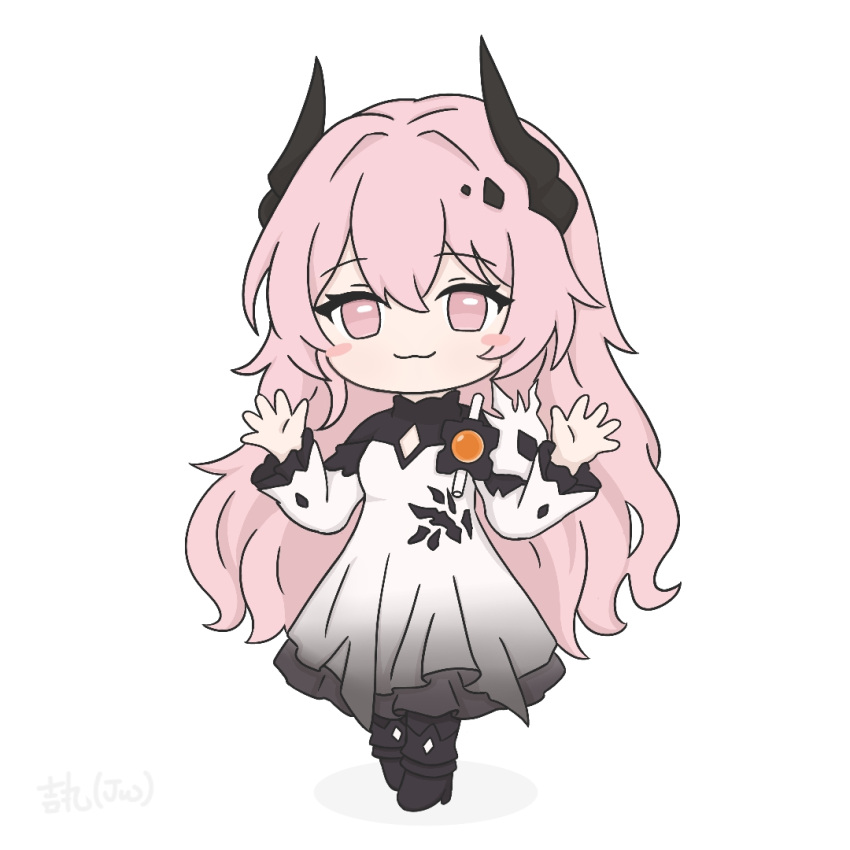 1girl, arknights, black_dress, black_horns, blush_stickers, chibi, chibi_only, closed_mouth