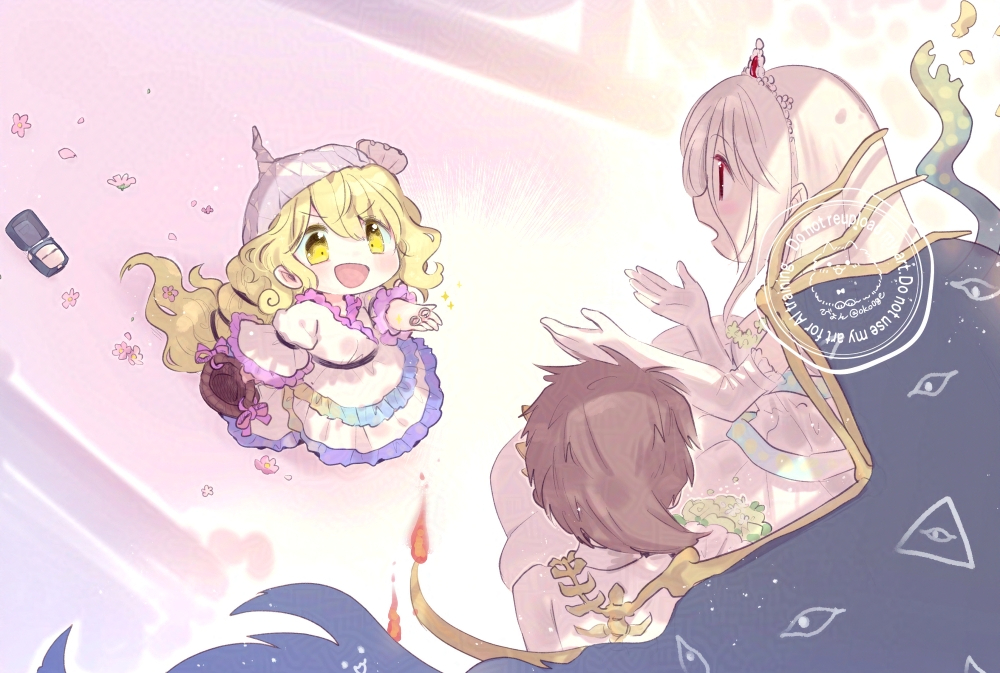 3girls, alternate_costume, asymmetrical_wings, biyon, brown_hair, child, commentary_request, dress