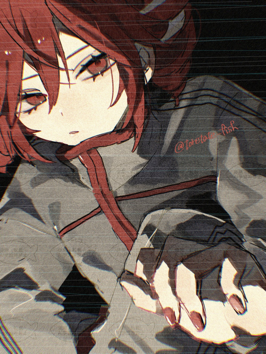1girl, brain_rot_(synthesizer_v), commentary, dark, double-parted_bangs, drill_hair, fingernails, grey_jacket