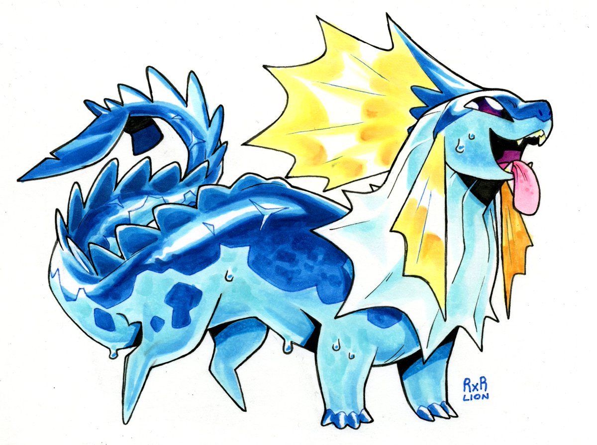 blue_skin, colored_skin, fins, head_fins, looking_to_the_side, no_humans, open_mouth, pokemon, pokemon_(creature), railroadlion, signature, simple_background, solo, tail, tongue, tongue_out, vaporeon, white_background