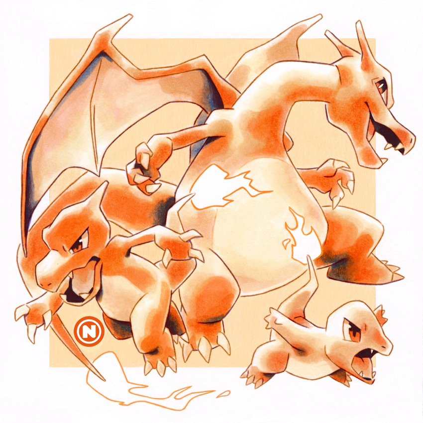 absurdres, charizard, charmander, charmeleon, claws, evolutionary_line, fire, flame-tipped_tail