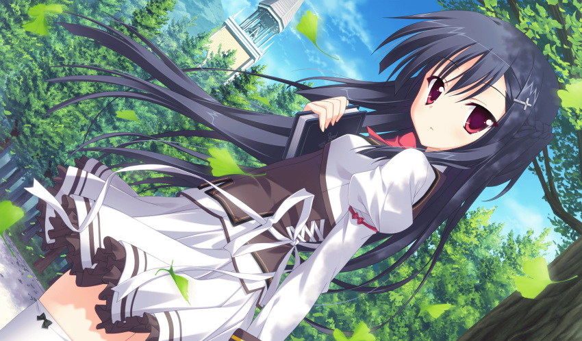 book, dutch_angle, floating_hair, highres, holding, kitamikado_ritsuko, leaf, long_hair