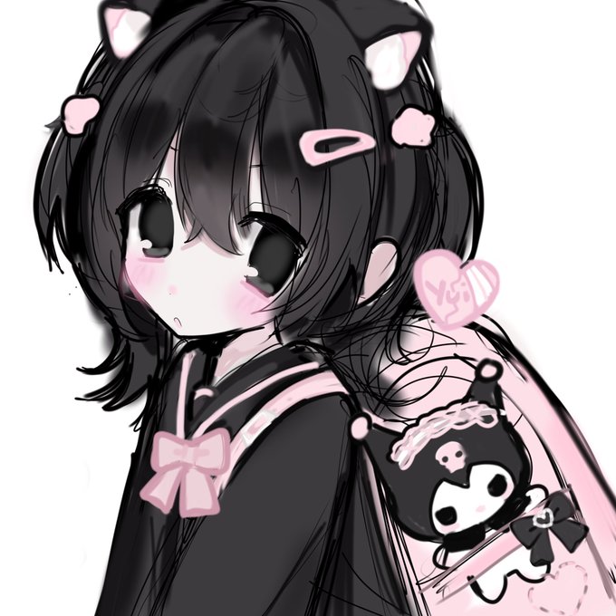 1girl, 2000s_(style), :o, animal_ear_fluff, animal_ears, backpack, bag, black_eyes, black_hair, blush, bow, cat_ears, cat_girl, chiyuidoll, commentary_request, hair_between_eyes, hair_intakes, hair_ornament, hairclip, kuromi, non-web_source, original, pink_bag, pink_bow, sanrio, school_bag, short_hair, sketch, source_request