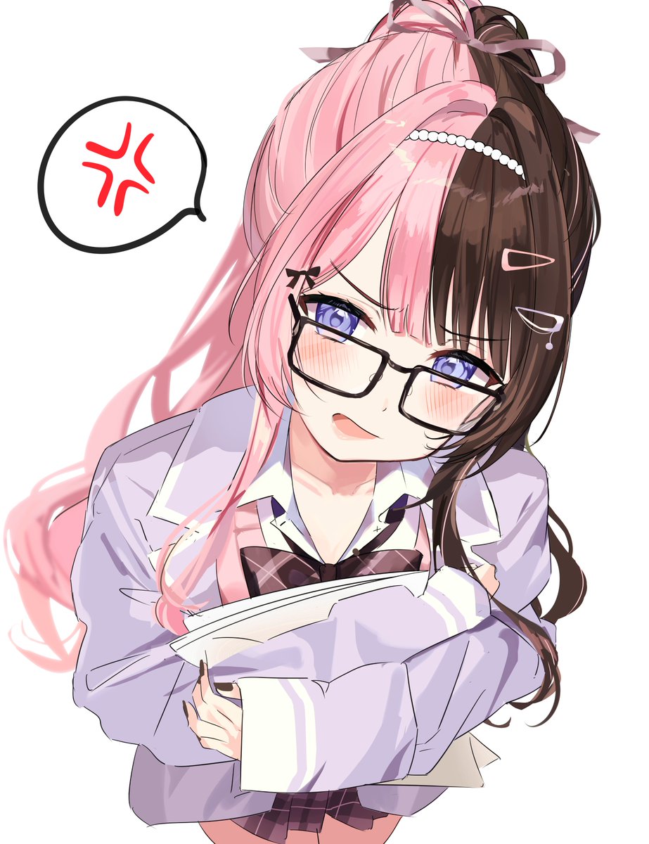 1girl, brown_hair, choker, glasses, highres, kyu_kyoo, miniskirt, pink_hair, ribbon, school_uniform, shirt, skirt, tachibana_hinano, tachibana_hinano_(school_uniform), violet_eyes, virtual_youtuber, vspo!, white_shirt