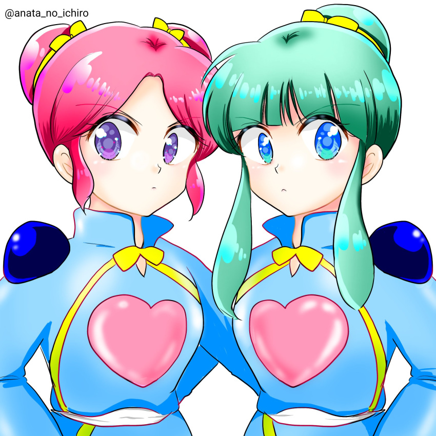 2girls, anata_no_ichiro, blue_eyes, chinese_clothes, closed_mouth, double_bun, frown, green_hair, hair_bun, heart, highres, lang-lang, ling-ling, multiple_girls, pink_hair, ranma_1/2, sidelocks, single_hair_bun, upper_body, violet_eyes, white_background