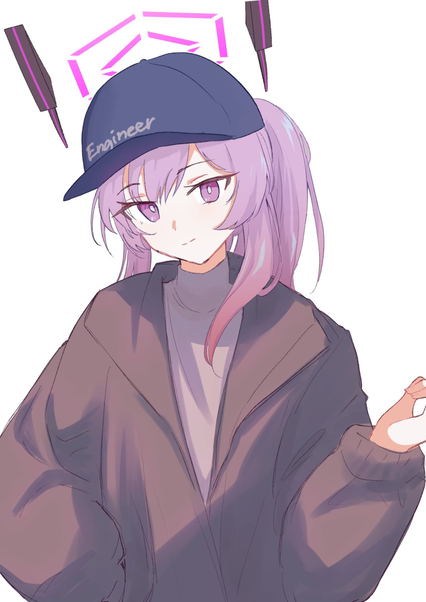 1girl, alternate_costume, blue_archive, closed_mouth, commentary_request, floating_headgear, grey_sweater, halo