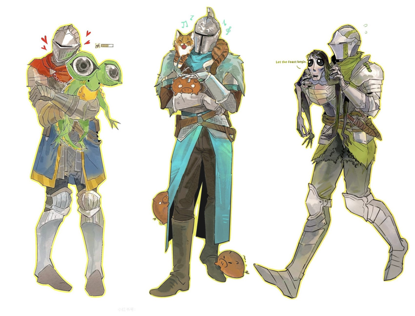 3others, ambiguous_gender, animal, animal_hug, animal_on_shoulder, armor, ashen_one_(dark_souls), basilisk_(dark_souls)