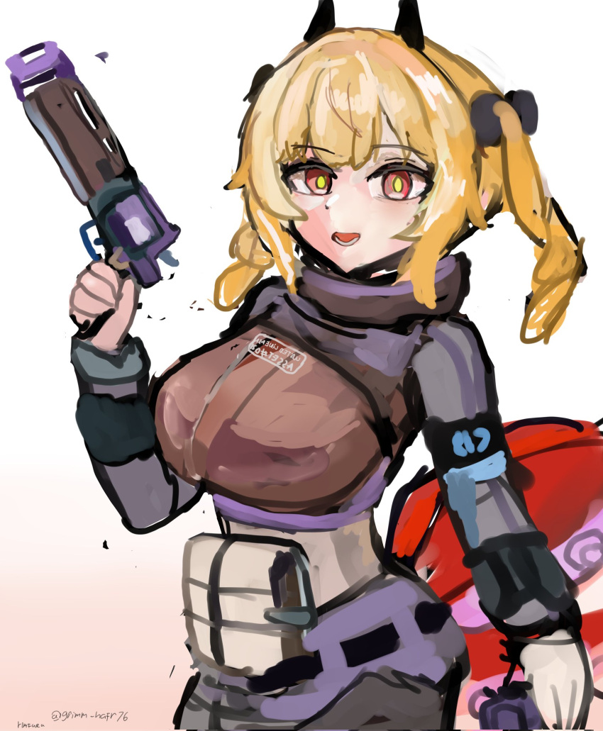 1girl, blonde_hair, bow, grimm_hafr95, gun, hair_bow, handgun, highres