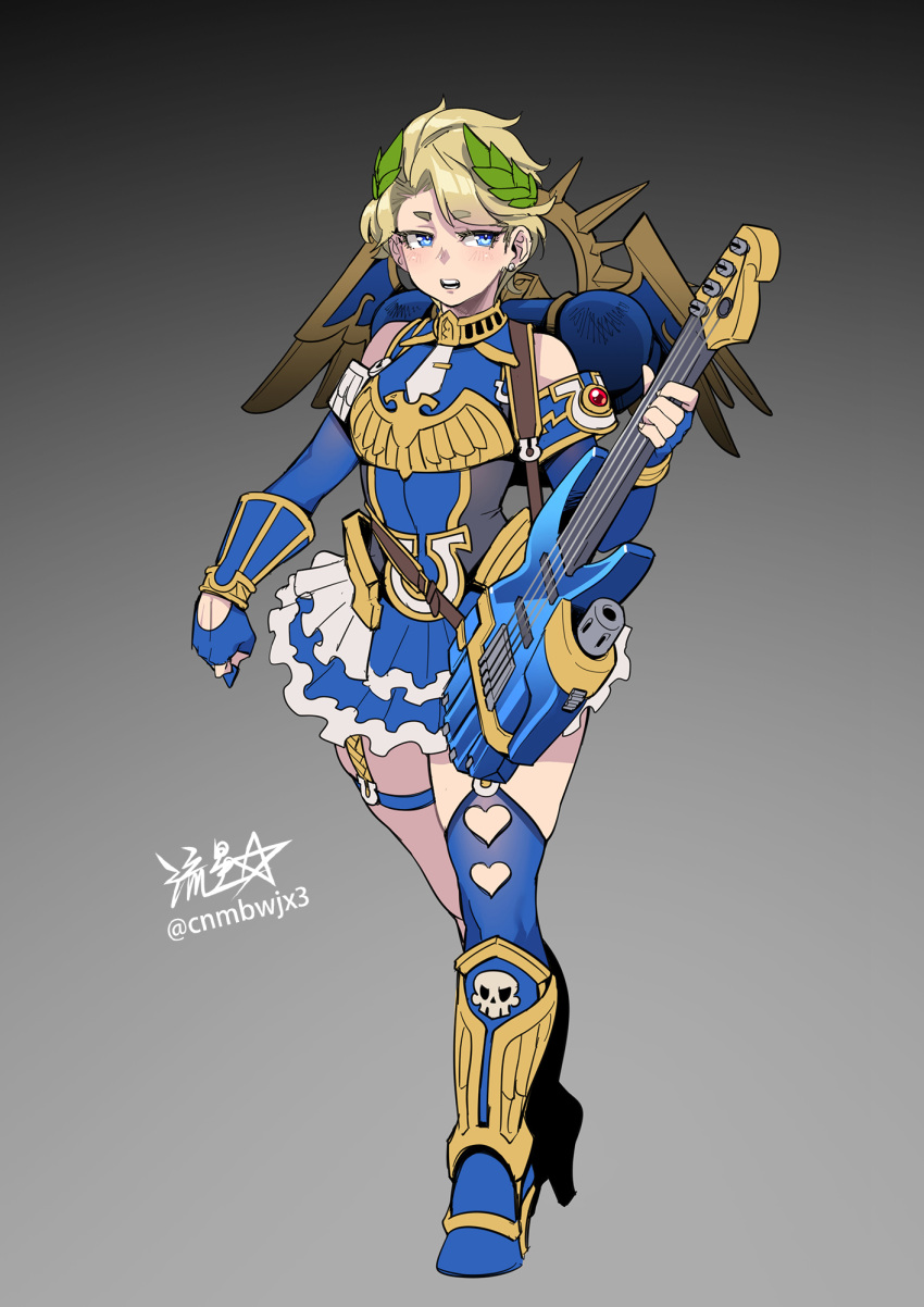 1girl, artist_name, bare_shoulders, bird_wings, blonde_hair, blue_dress, blue_eyes, bracelet