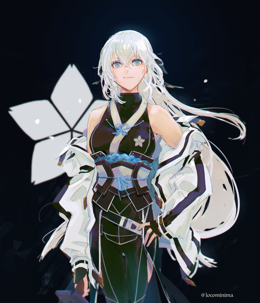 1girl, bare_shoulders, black_background, black_gloves, blue_eyes, breasts, closed_mouth, crossed_bangs