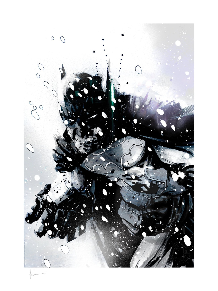 1boy, bat_mask, batman, batman_(series), batman_symbol, black_cape, bodysuit, cape, dc_comics, grey_bodysuit, highres, jock4twenty, male_focus, outdoors, snow, snowing, solo, superhero_costume, taut_bodysuit
