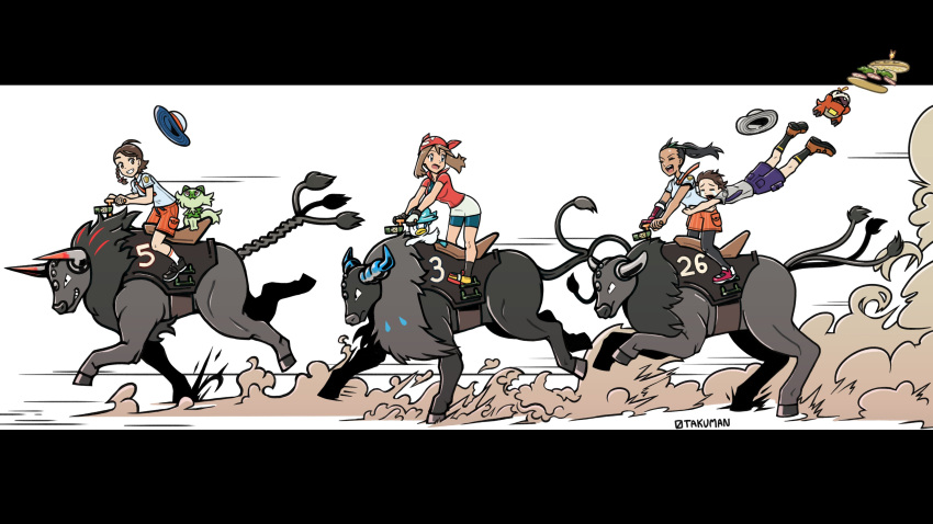1boy, 3girls, absurdres, artist_name, bandana, bike_shorts, bird, black_border