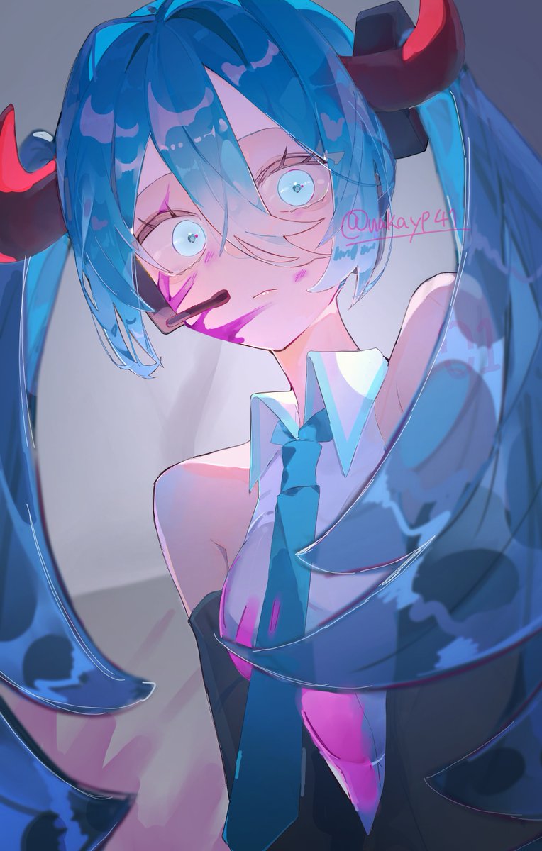 1girl, amami_(nakayp41), aqua_eyes, aqua_hair, aqua_necktie, aqua_trim, bare_shoulders, black_sleeves