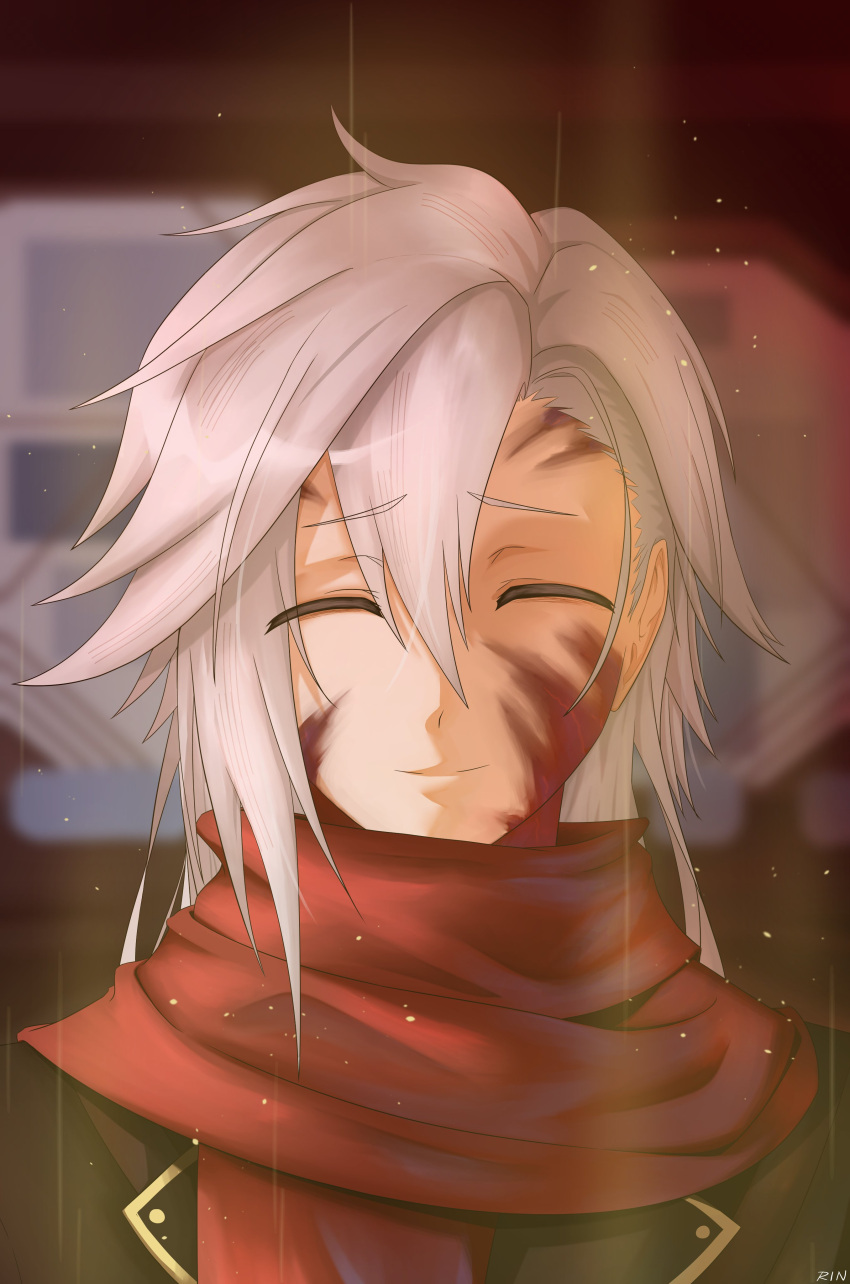 1boy, absurdres, artist_name, blurry, blurry_background, closed_eyes, closed_mouth, curtained_hair