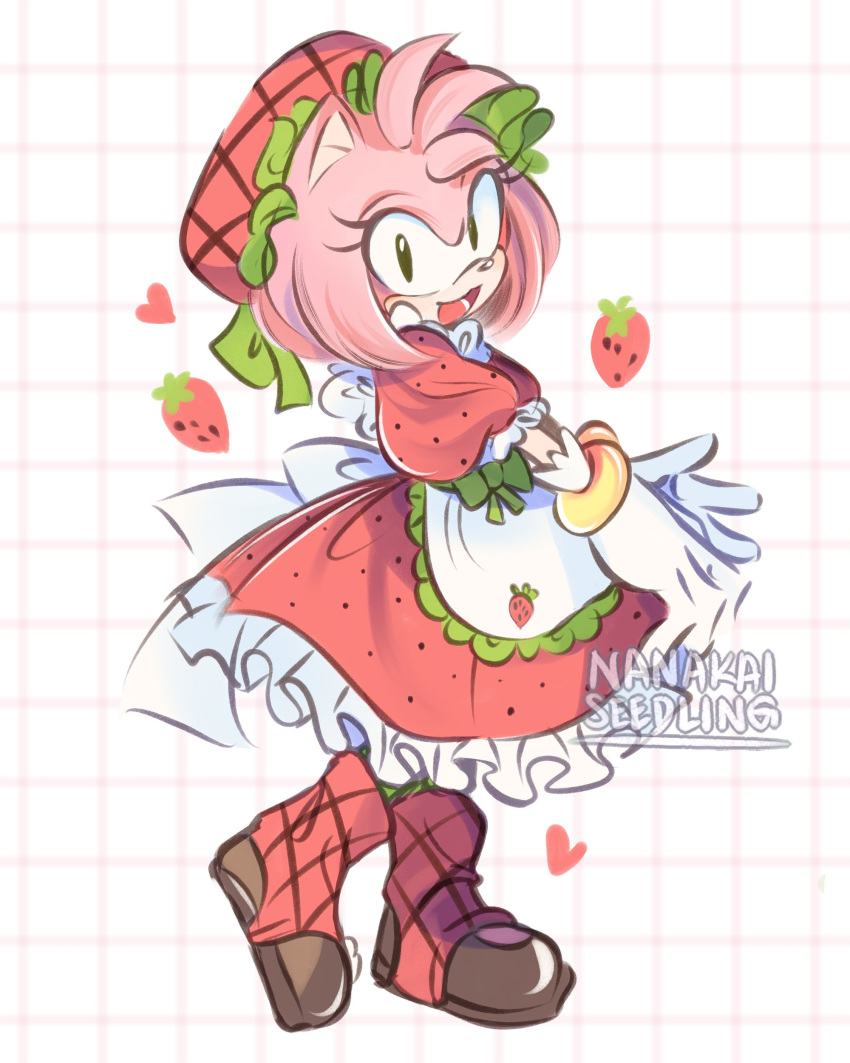 1girl, absurdres, alternate_costume, amy_rose, apron, artist_name, cosplay, dress