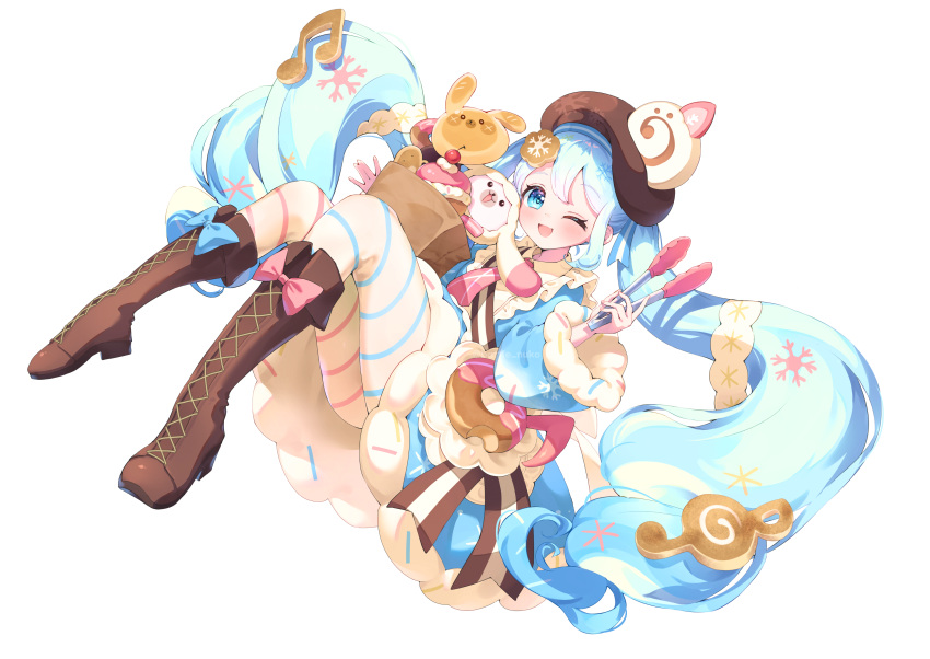 1girl, absurdres, apron, aqua_eyes, aqua_hair, asymmetrical_legwear, battle_nuko, blue_bow