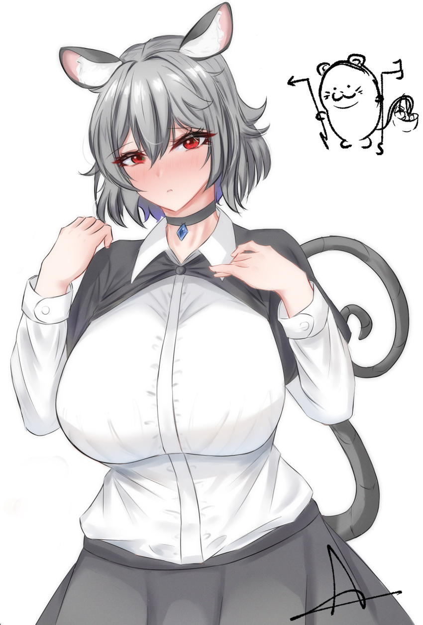 1girl, absurdres, animal_ears, blush, breasts, capelet, choker, closed_mouth