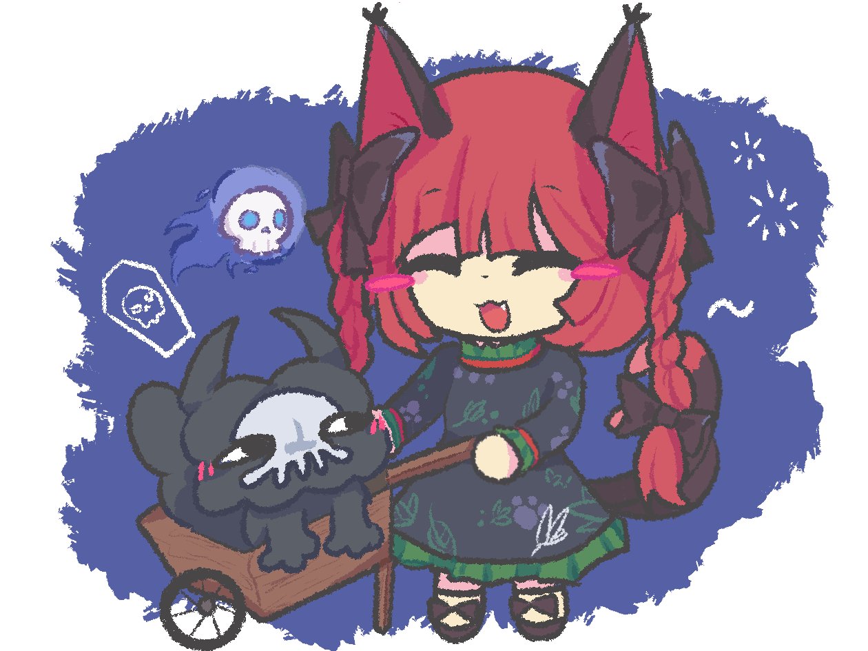 1girl, :3, :d, animal_ears, black_dress, black_shoes, blush_stickers, braid, cat_ears, cat_girl, cat_tail, chibi, closed_eyes, crossover, dress, ertiao3213, fang, hitodama, kaenbyou_rin, long_hair, mewgenics, morana_(mewgenics), multiple_tails, open_mouth, shoes, side_braids, smile, standing, tail, touhou, twin_braids, two_tails, wheelbarrow