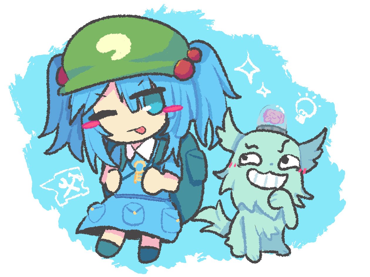 1girl, ;p, blue_hair, blue_shoes, brain, crossover, ertiao3213, flat_cap