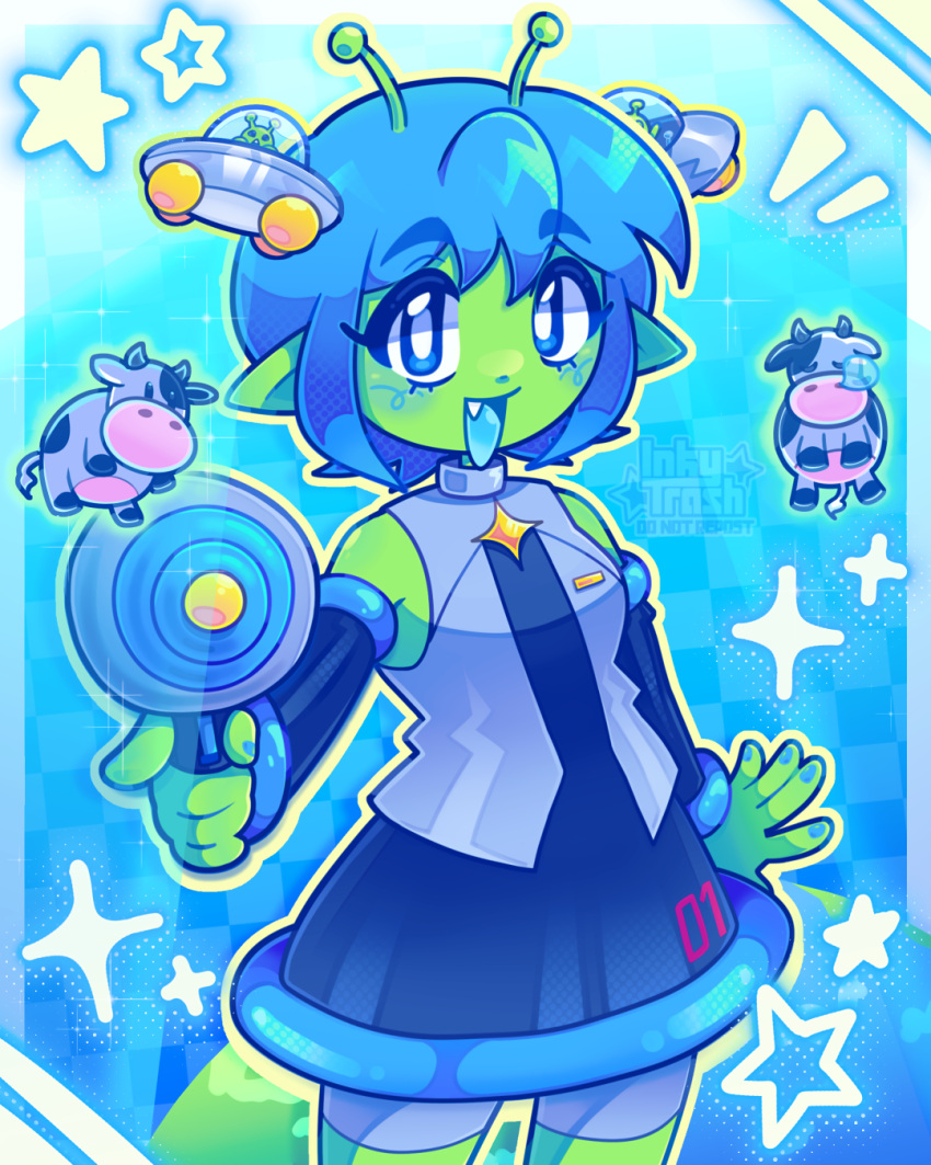 1girl, abduction, alien, alien_miku_(zambiie), alternate_species, antennae, blue_background, blue_eyes