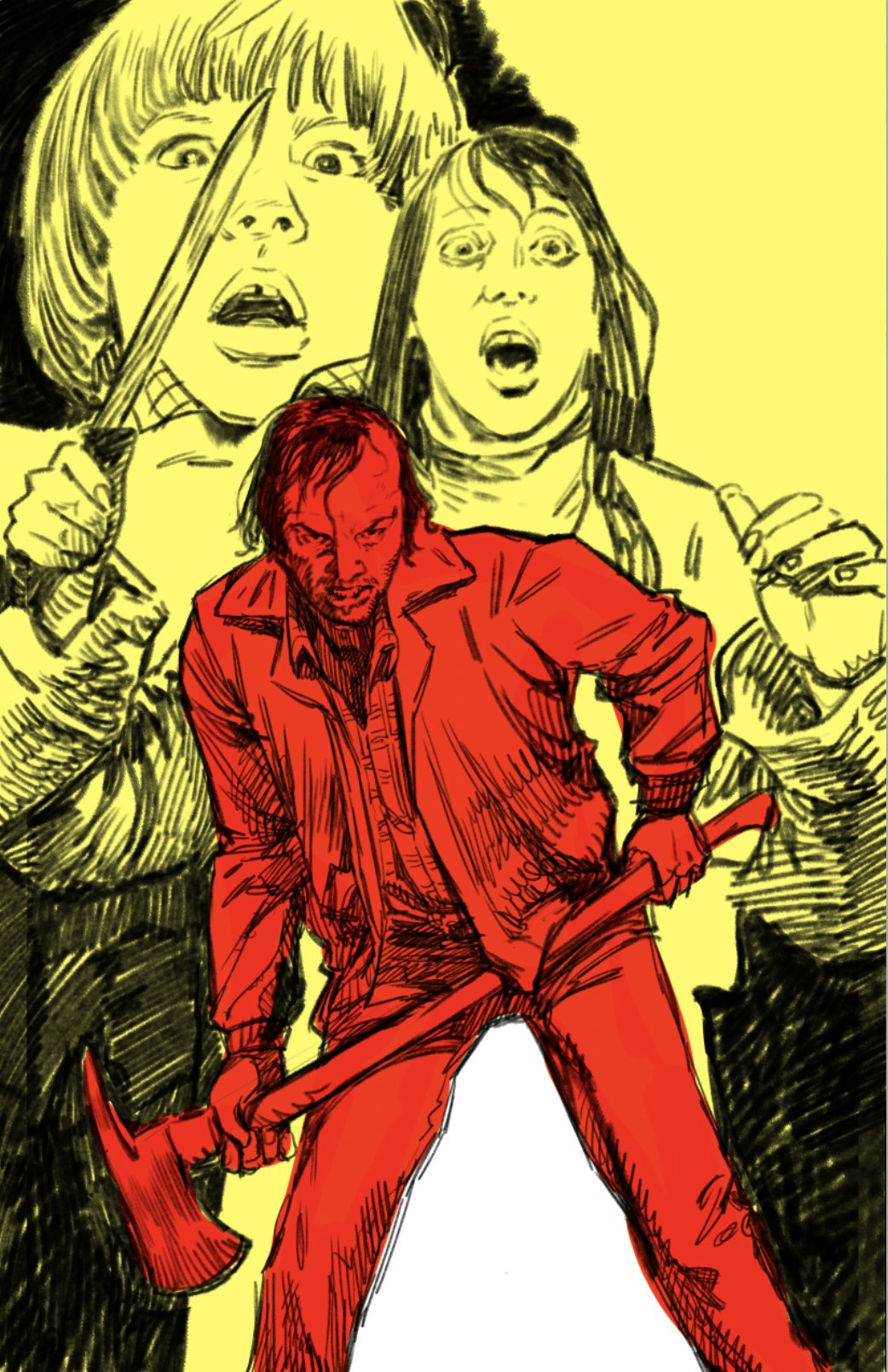 1girl, 2boys, axe, balding, child, conor_draws, danny_torrance, denim