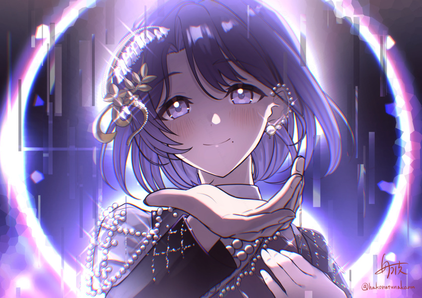 1girl, closed_mouth, commentary_request, earrings, fingernails, funami_(hakonatunakann), gakuen_idolmaster, hair_between_eyes