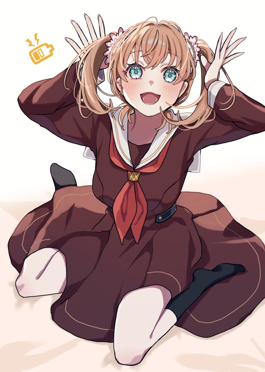 1girl, :d, aqua_eyes, arms_up, black_socks, blush, borrowed_hairstyle, brown_dress