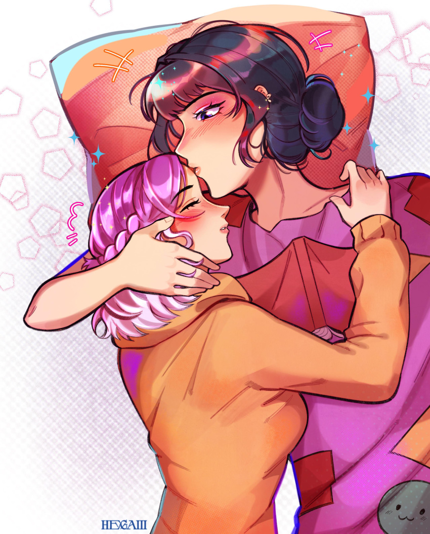 2girls, absurdres, black_hair, blush, book, braid, closed_eyes, commission, dress, english_commentary, hair_bun, hegaiii, highres, hood, hoodie, hug, kiss, kissing_forehead, kpop_demon_hunters, multiple_girls, on_pillow, orange_hoodie, original, parted_lips, purple_dress, purple_hair, short_hair, single_hair_bun, yuri, zoey_(kpop_demon_hunters)