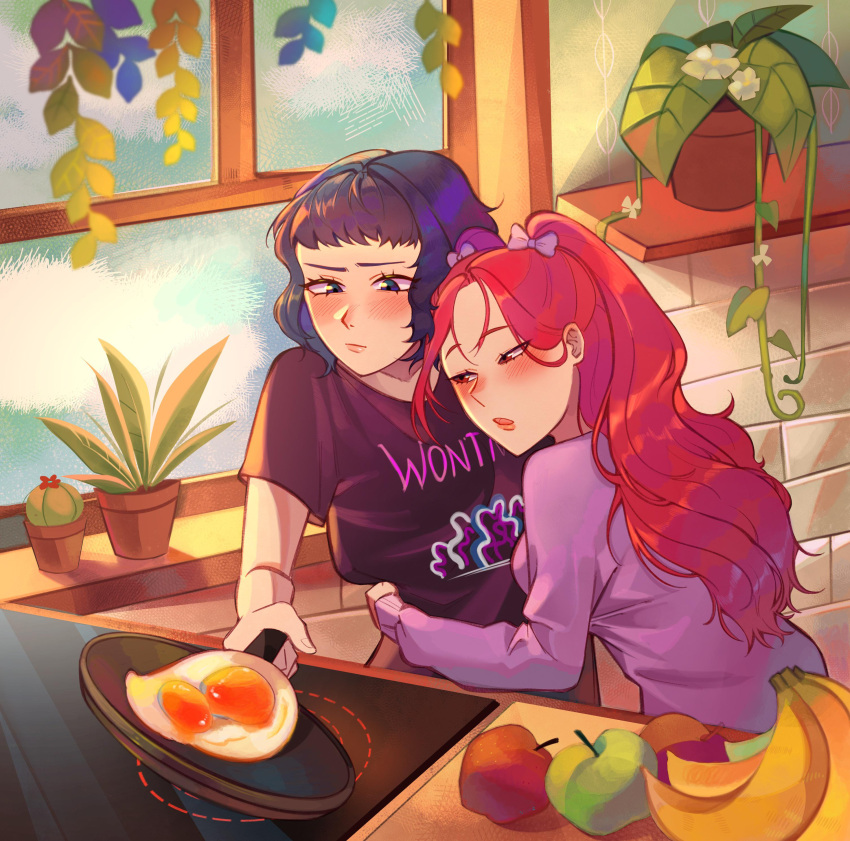 2girls, :o, absurdres, apple, banana, black_shirt, blue_eyes, blue_hair