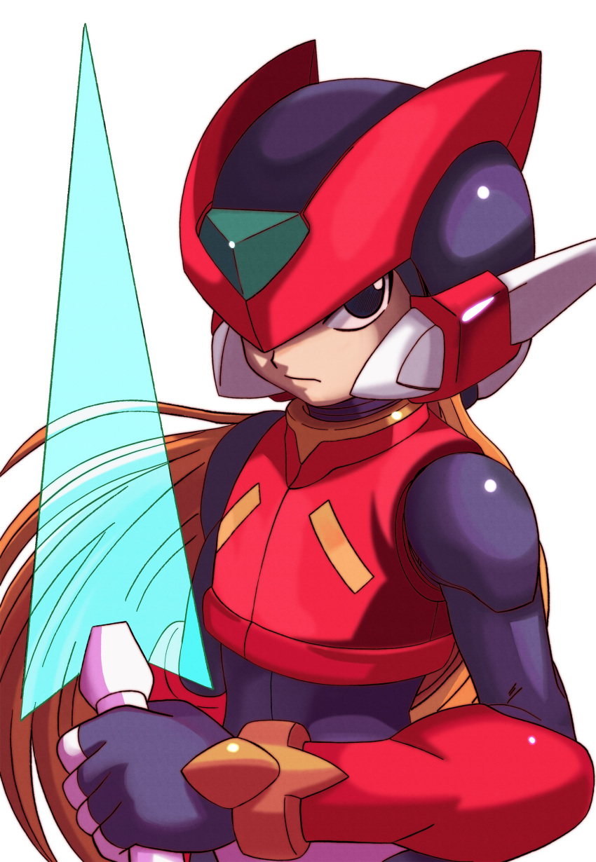1boy, absurdres, armor, black_eyes, cumgyattler_v, forehead_jewel, helmet, highres, male_focus, mega_man_(series), mega_man_zero_(series), red_armor, red_helmet, simple_background, solo, upper_body, white_background, zero(z)_(mega_man), zero_(mega_man)