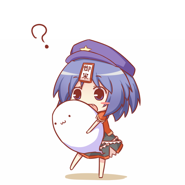 ?, annotated, blue_eyes, blue_hair, blush_stickers, chibi, fang, fictional_persona, geung_si, ghost, hat, holding, jiangshi, kohsan_, kousa_(black_tea), miyako_yoshika, open_mouth, sol, solo, star, touhou, translated