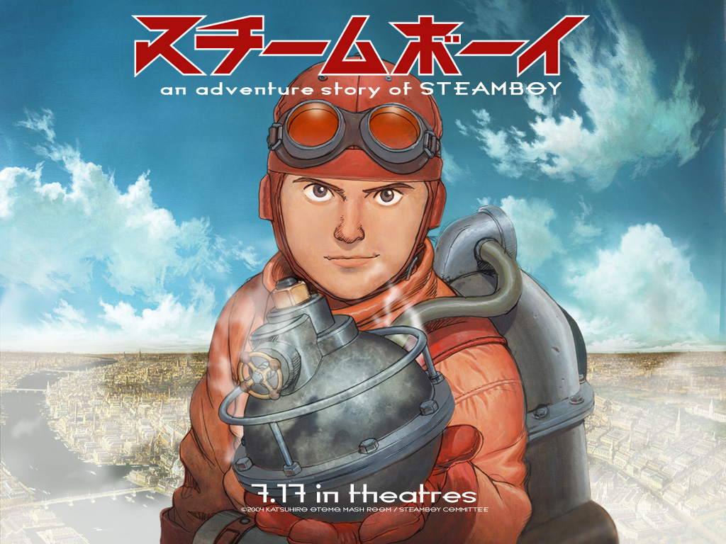 1boy, artist_request, brown_eyes, clouds, cloudy_sky, day, goggles, goggles_on_headwear, helmet, holding, jacket, james_ray_steam, landscape, london, looking_at_viewer, male_focus, official_art, outdoors, poster_(medium), red_helmet, red_jacket, scenery, sky, smirk, solo, steam, steamboy, steampunk, upper_body
