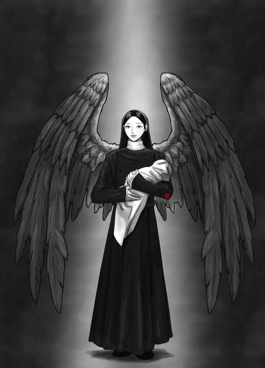 1girl, aespa, angel, angel_wings, baby, carrying, carrying_baby, carrying_person, commentary, east_asian, feathers, full_body, greyscale, hair_behind_ear, highres, k-pop, karina_(aespa), long_hair, looking_at_viewer, monochrome, nun, nun_headdress, ochy, real_life, shadow, shin_wooseok's_urban_fairy_tale, shoes, smile, solo, spot_color, untranslatable_commentary, wings